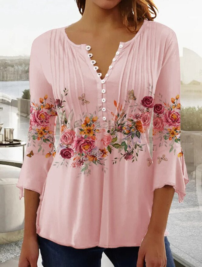Effortless Floral Blouses for Women with Long Sleeve Henley Button Placket Relaxed Fit