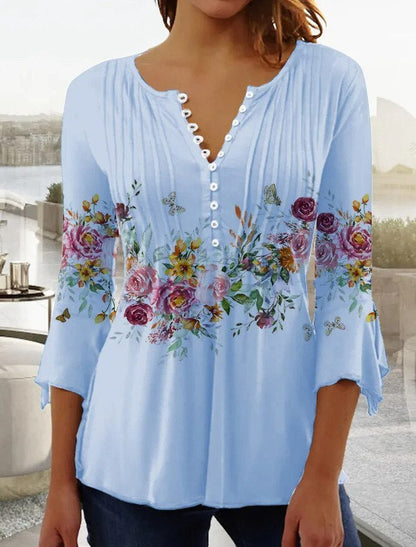Effortless Floral Blouses for Women with Long Sleeve Henley Button Placket Relaxed Fit