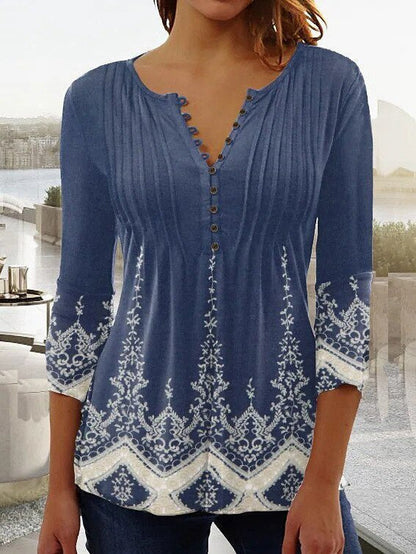 Effortless Floral Blouses for Women with Long Sleeve Henley Button Placket Relaxed Fit