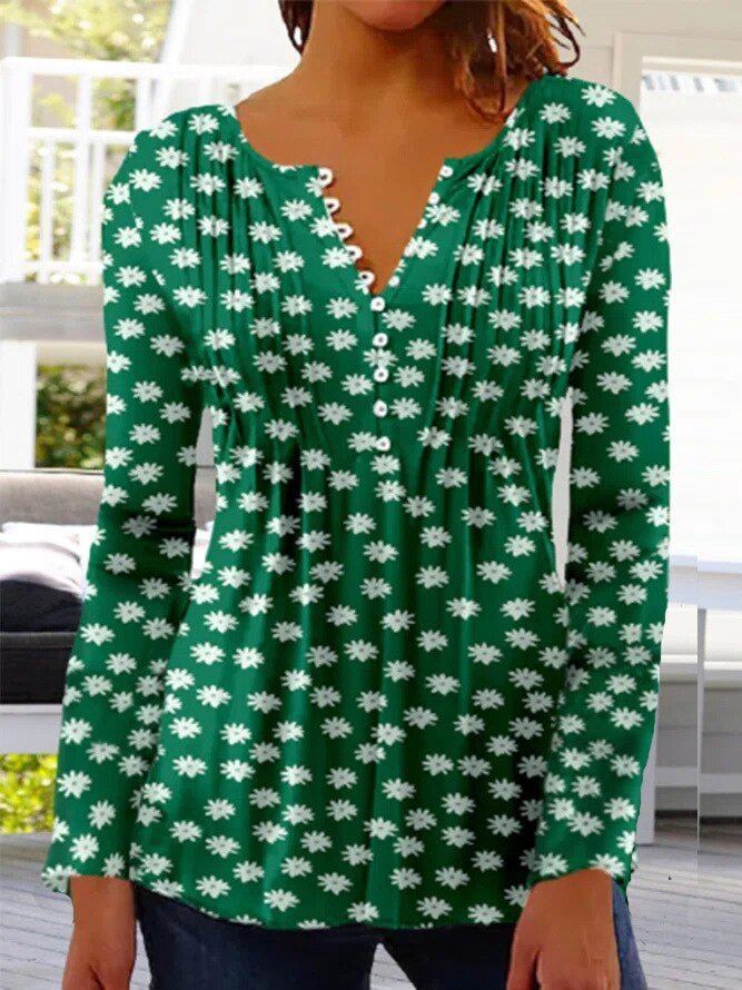 Effortless Floral Blouses for Women with Long Sleeve Henley Button Placket Relaxed Fit