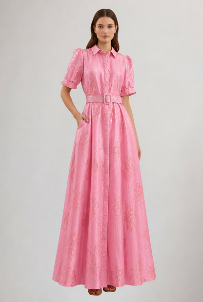 Elegant Pink Belted Fall Wedding Guest Dress for Women with Collar Puff Sleeve A Line Flowing Style