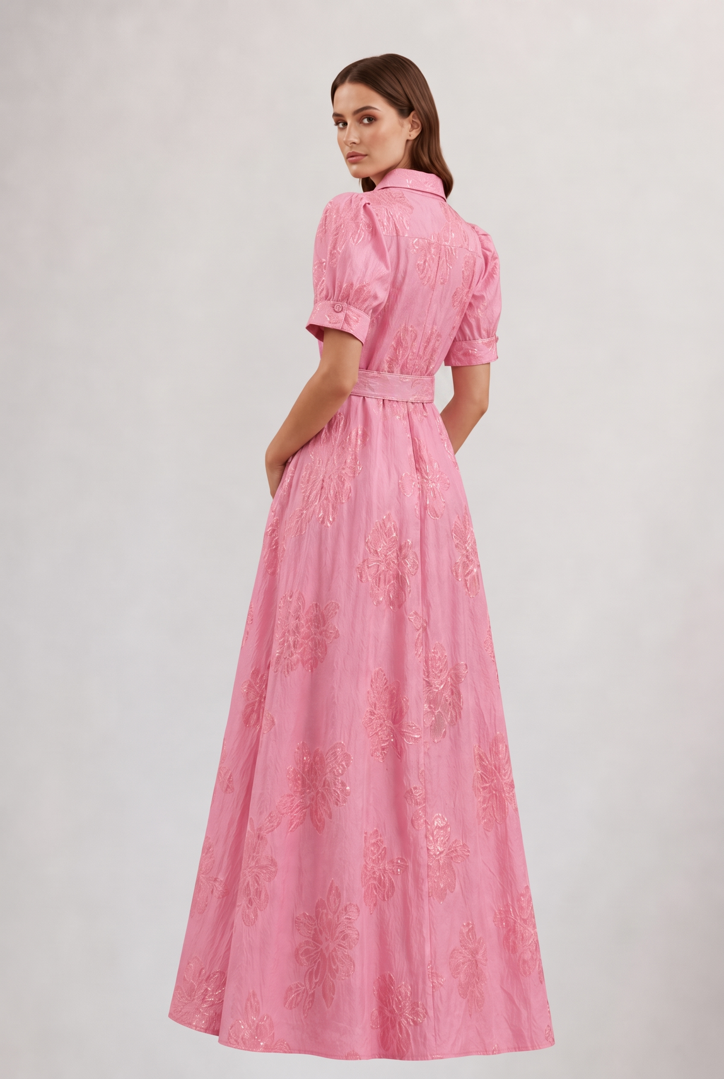 Elegant Pink Belted Fall Wedding Guest Dress for Women with Collar Puff Sleeve A Line Flowing Style