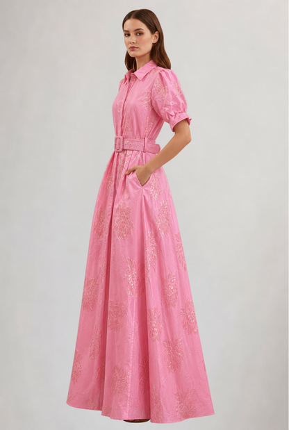 Elegant Pink Belted Fall Wedding Guest Dress for Women with Collar Puff Sleeve A Line Flowing Style