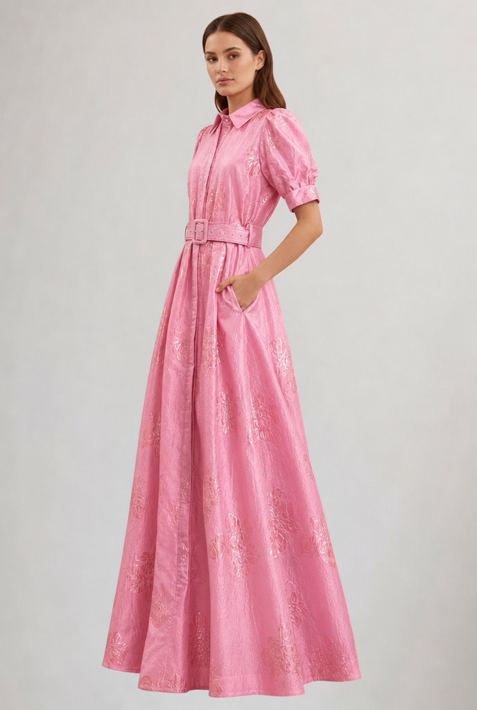 Elegant Pink Belted Fall Wedding Guest Dress for Women with Collar Puff Sleeve A Line Flowing Style