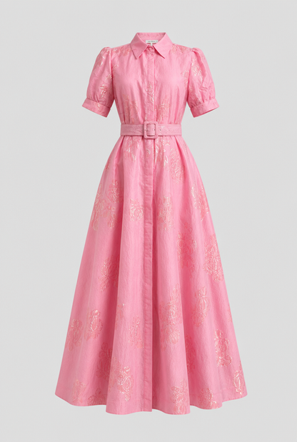 Elegant Pink Belted Fall Wedding Guest Dress for Women with Collar Puff Sleeve A Line Flowing Style