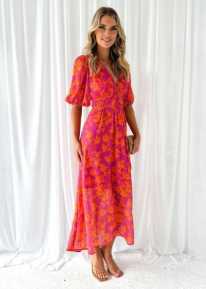 Effortless Pink Orange Maxi Dress for Women with V Neck Short Sleeve Floral Flowing Style