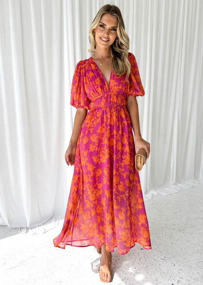 Effortless Pink Orange Maxi Dress for Women with V Neck Short Sleeve Floral Flowing Style
