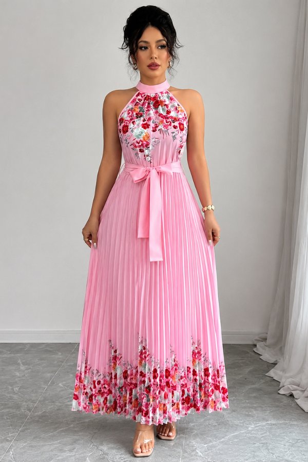 Elegant Floral Midi Dress for Women with Halter Neckline Pleated Evening Gown Style