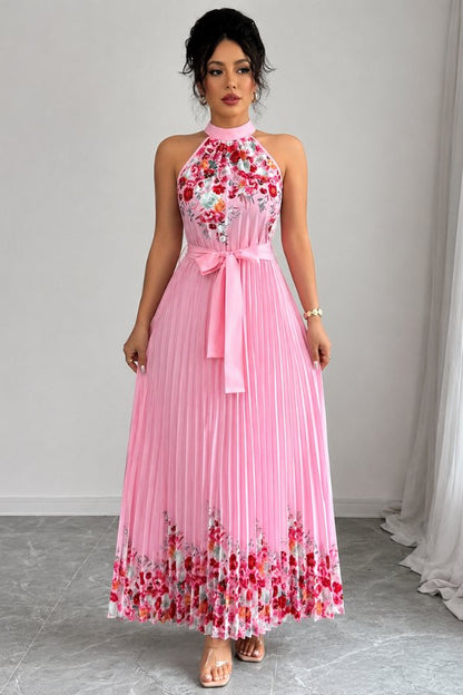 Elegant Floral Midi Dress for Women with Halter Neckline Pleated Evening Gown Style