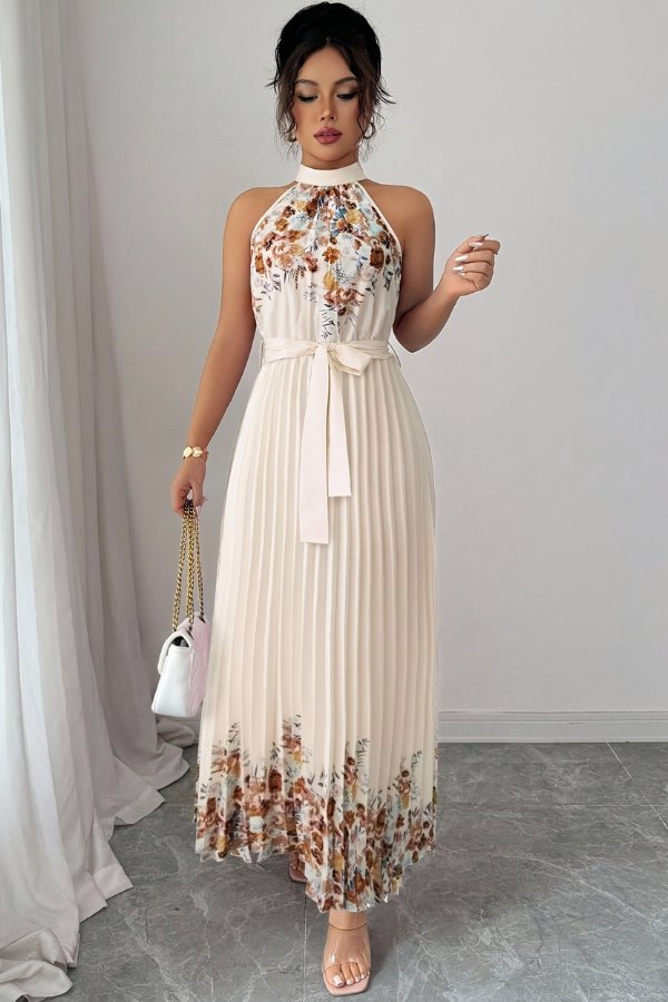 Elegant Floral Midi Dress for Women with Halter Neckline Pleated Evening Gown Style