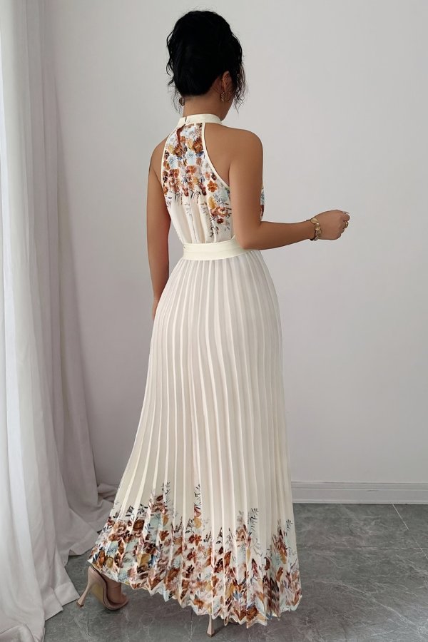 Elegant Floral Midi Dress for Women with Halter Neckline Pleated Evening Gown Style