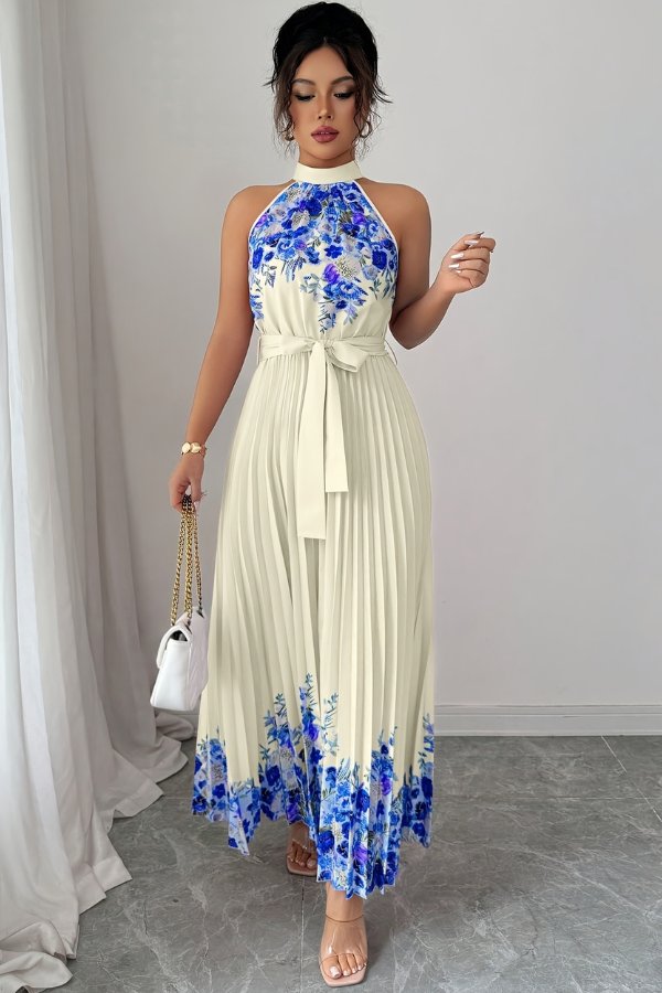 Elegant Floral Midi Dress for Women with Halter Neckline Pleated Evening Gown Style