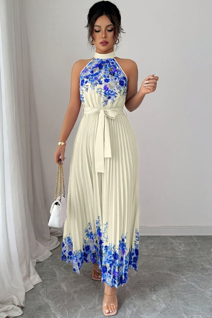 Elegant Floral Midi Dress for Women with Halter Neckline Pleated Evening Gown Style