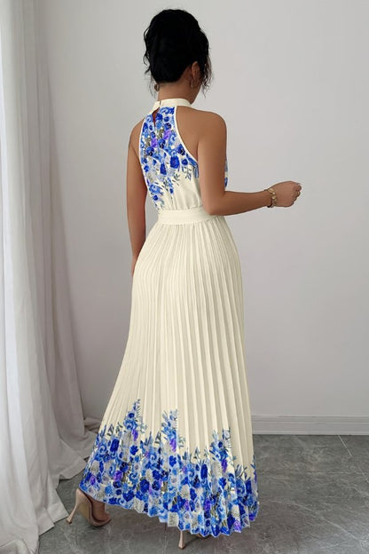 Elegant Floral Midi Dress for Women with Halter Neckline Pleated Evening Gown Style