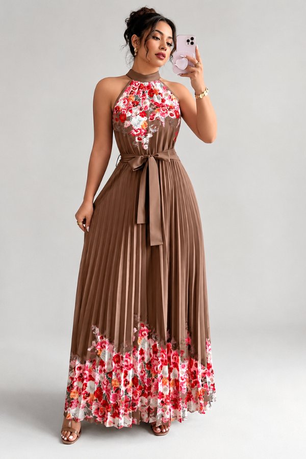 Elegant Floral Midi Dress for Women with Halter Neckline Pleated Evening Gown Style