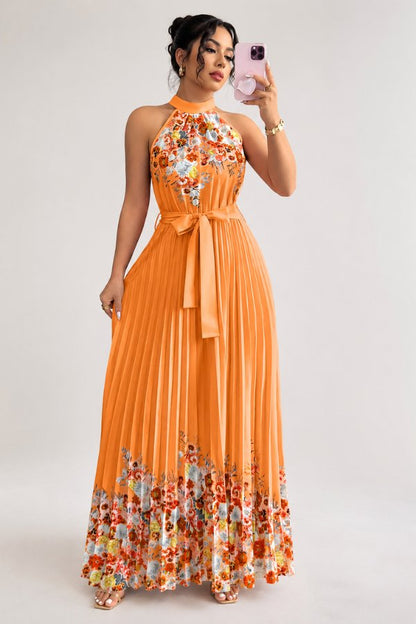 Elegant Floral Midi Dress for Women with Halter Neckline Pleated Evening Gown Style