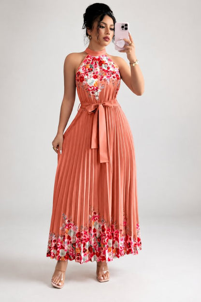 Elegant Floral Midi Dress for Women with Halter Neckline Pleated Evening Gown Style
