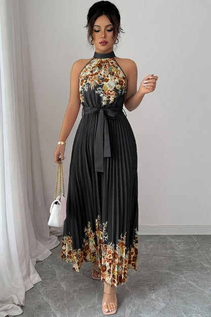 Elegant Floral Midi Dress for Women with Halter Neckline Pleated Evening Gown Style