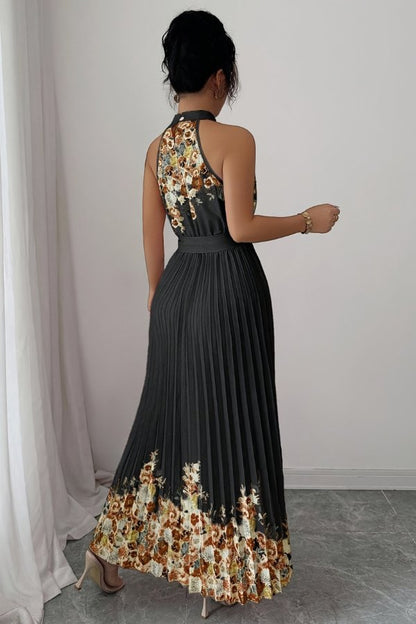 Elegant Floral Midi Dress for Women with Halter Neckline Pleated Evening Gown Style