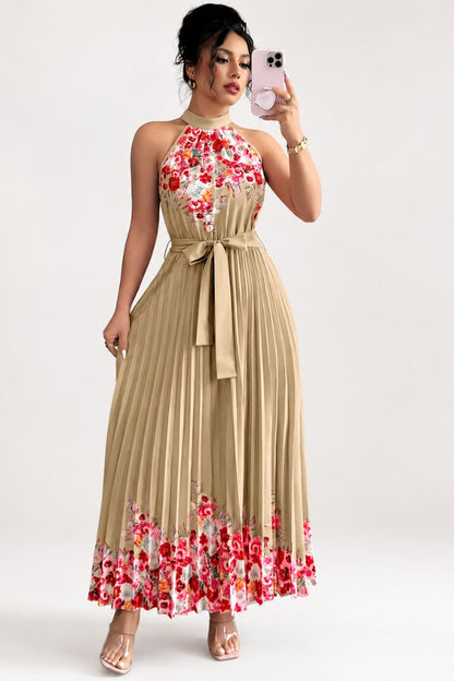 Elegant Floral Midi Dress for Women with Halter Neckline Pleated Evening Gown Style