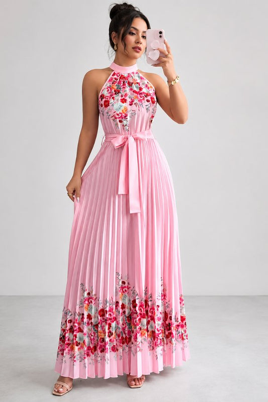 Elegant Floral Midi Dress for Women with Halter Neckline Pleated Evening Gown Style