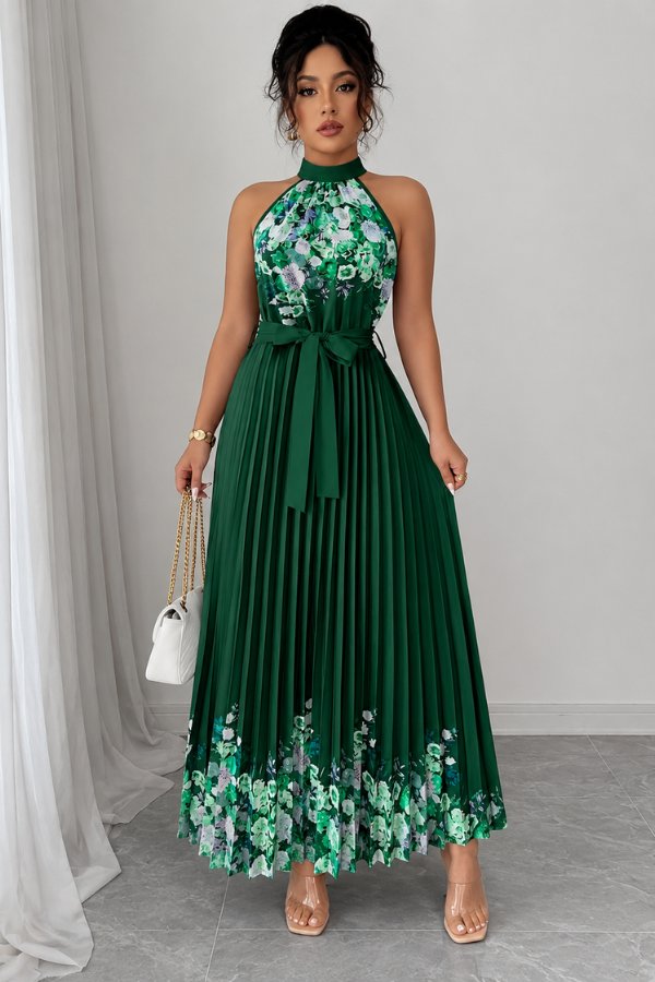 Elegant Floral Midi Dress for Women with Halter Neckline Pleated Evening Gown Style