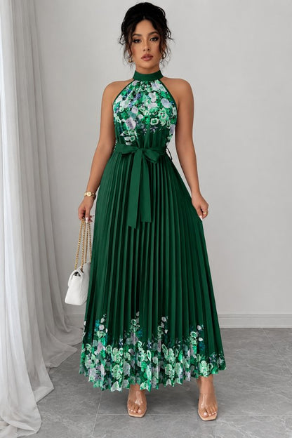 Elegant Floral Midi Dress for Women with Halter Neckline Pleated Evening Gown Style