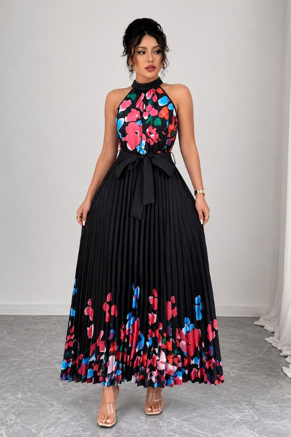 Elegant Floral Midi Dress for Women with Halter Neckline Pleated Evening Gown Style
