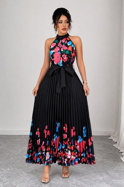 Elegant Floral Midi Dress for Women with Halter Neckline Pleated Evening Gown Style