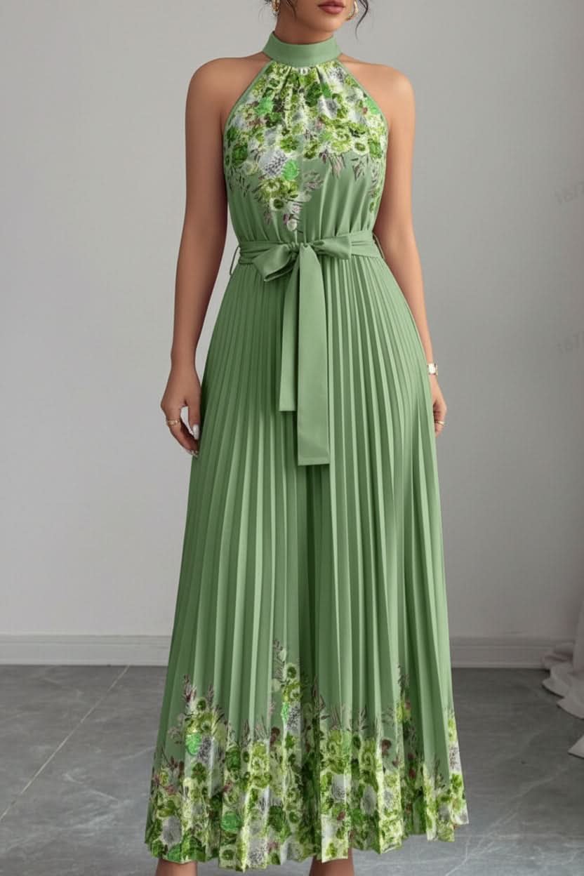 Elegant Floral Midi Dress for Women with Halter Neckline Pleated Evening Gown Style