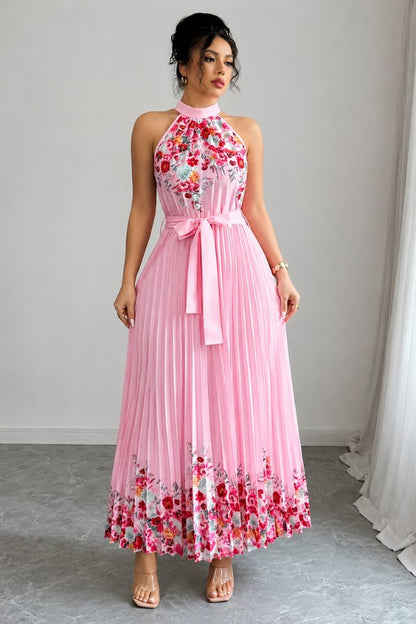 Elegant Floral Midi Dress for Women with Halter Neckline Pleated Evening Gown Style