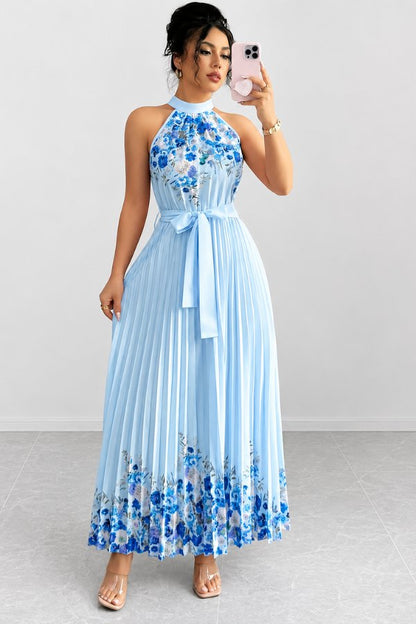 Elegant Floral Midi Dress for Women with Halter Neckline Pleated Evening Gown Style