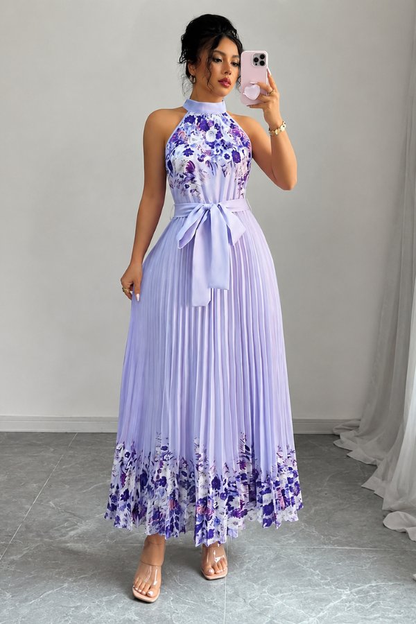 Elegant Floral Midi Dress for Women with Halter Neckline Pleated Evening Gown Style