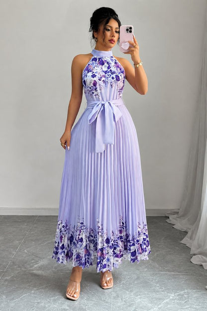 Elegant Floral Midi Dress for Women with Halter Neckline Pleated Evening Gown Style