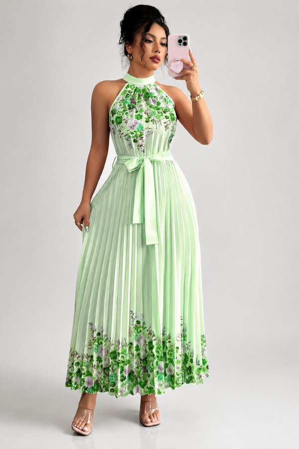 Elegant Floral Midi Dress for Women with Halter Neckline Pleated Evening Gown Style