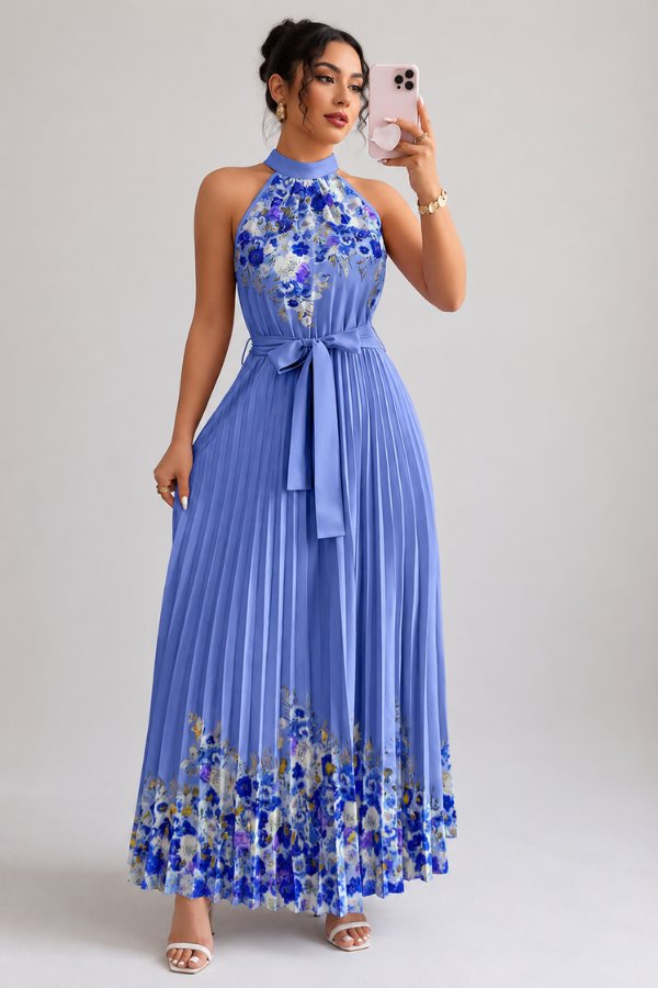 Elegant Floral Midi Dress for Women with Halter Neckline Pleated Evening Gown Style