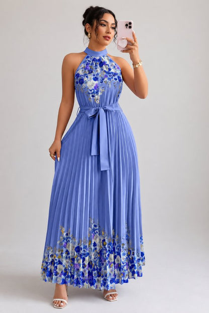 Elegant Floral Midi Dress for Women with Halter Neckline Pleated Evening Gown Style