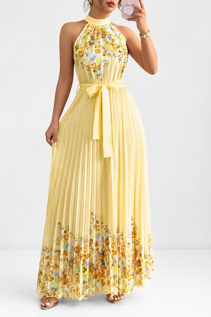 Elegant Floral Midi Dress for Women with Halter Neckline Pleated Evening Gown Style
