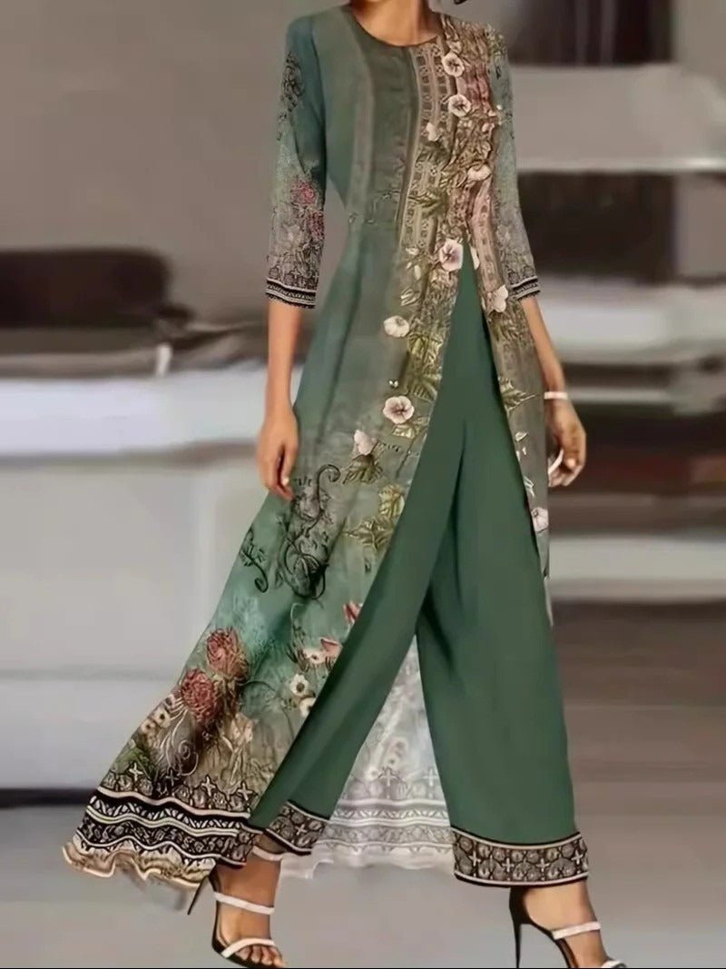 Elegant Wide Leg Set for Women with Long Sleeve Printed Duster Relaxed Two Piece Style