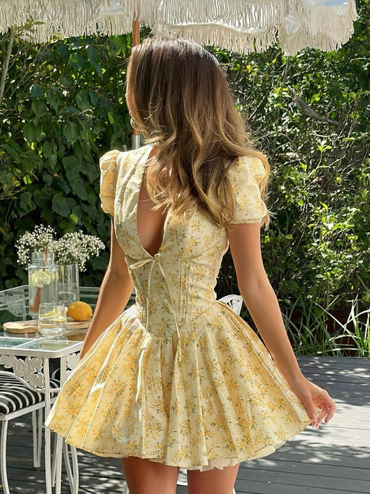 Elegant Yellow Floral A Line Dress for Women with Square Neck Puff Sleeve Corset Waist Open Back Mini Style