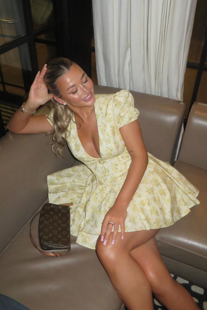 Elegant Yellow Floral A Line Dress for Women with Square Neck Puff Sleeve Corset Waist Open Back Mini Style