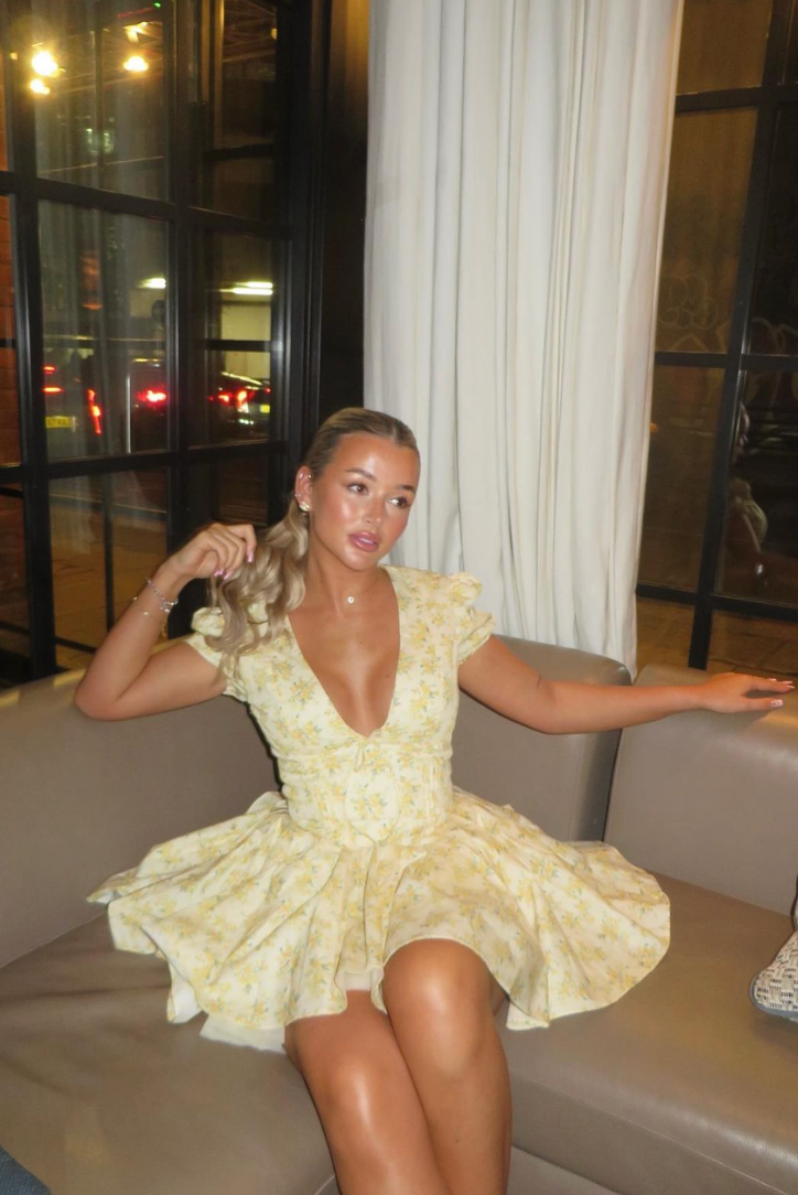 Elegant Yellow Floral A Line Dress for Women with Square Neck Puff Sleeve Corset Waist Open Back Mini Style