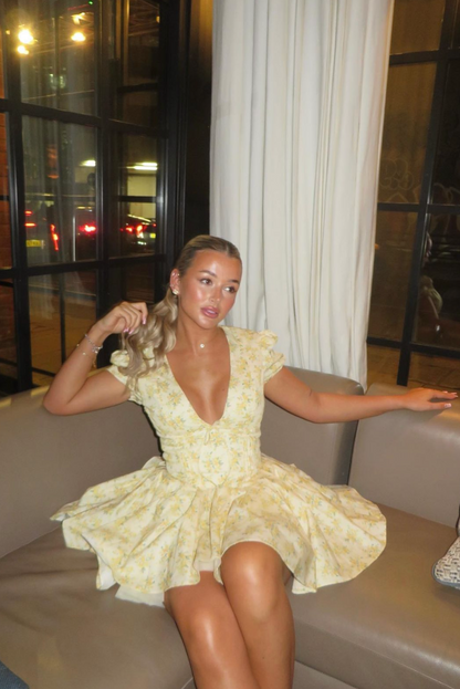 Elegant Yellow Floral A Line Dress for Women with Square Neck Puff Sleeve Corset Waist Open Back Mini Style