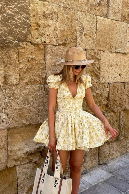 Elegant Yellow Floral A Line Dress for Women with Square Neck Puff Sleeve Corset Waist Open Back Mini Style