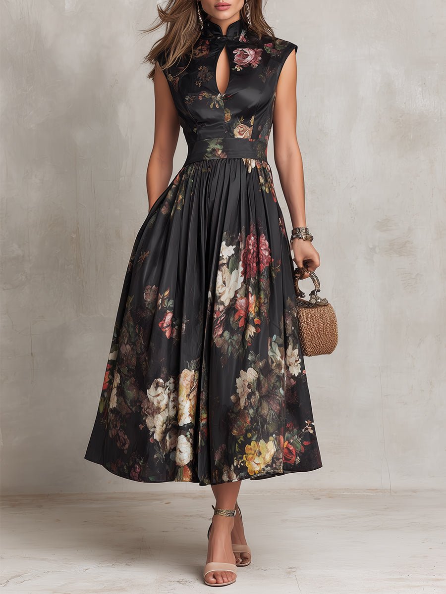 Elegant Floral Midi Dress for Women with High Neck Sleeveless Pleated Formal Style
