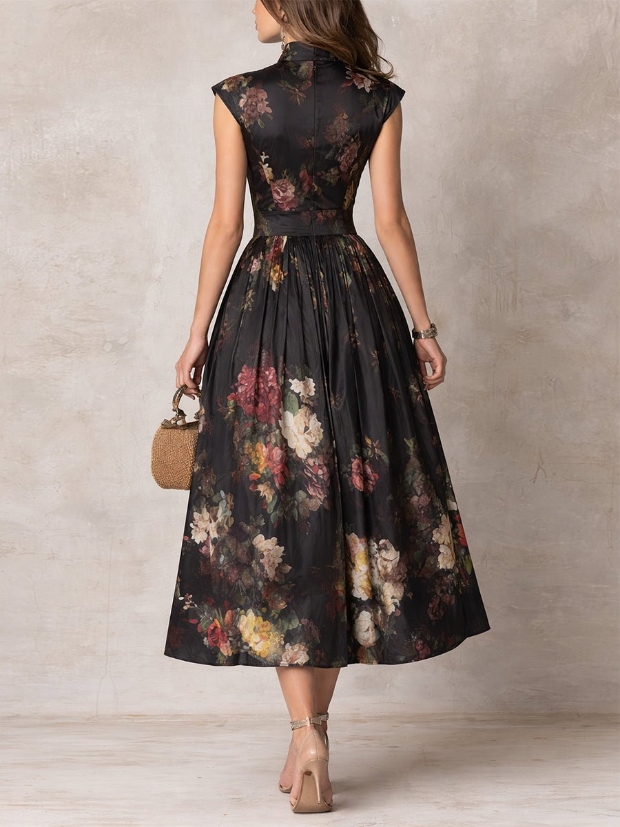 Elegant Floral Midi Dress for Women with High Neck Sleeveless Pleated Formal Style