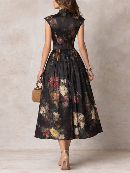 Elegant Floral Midi Dress for Women with High Neck Sleeveless Pleated Formal Style