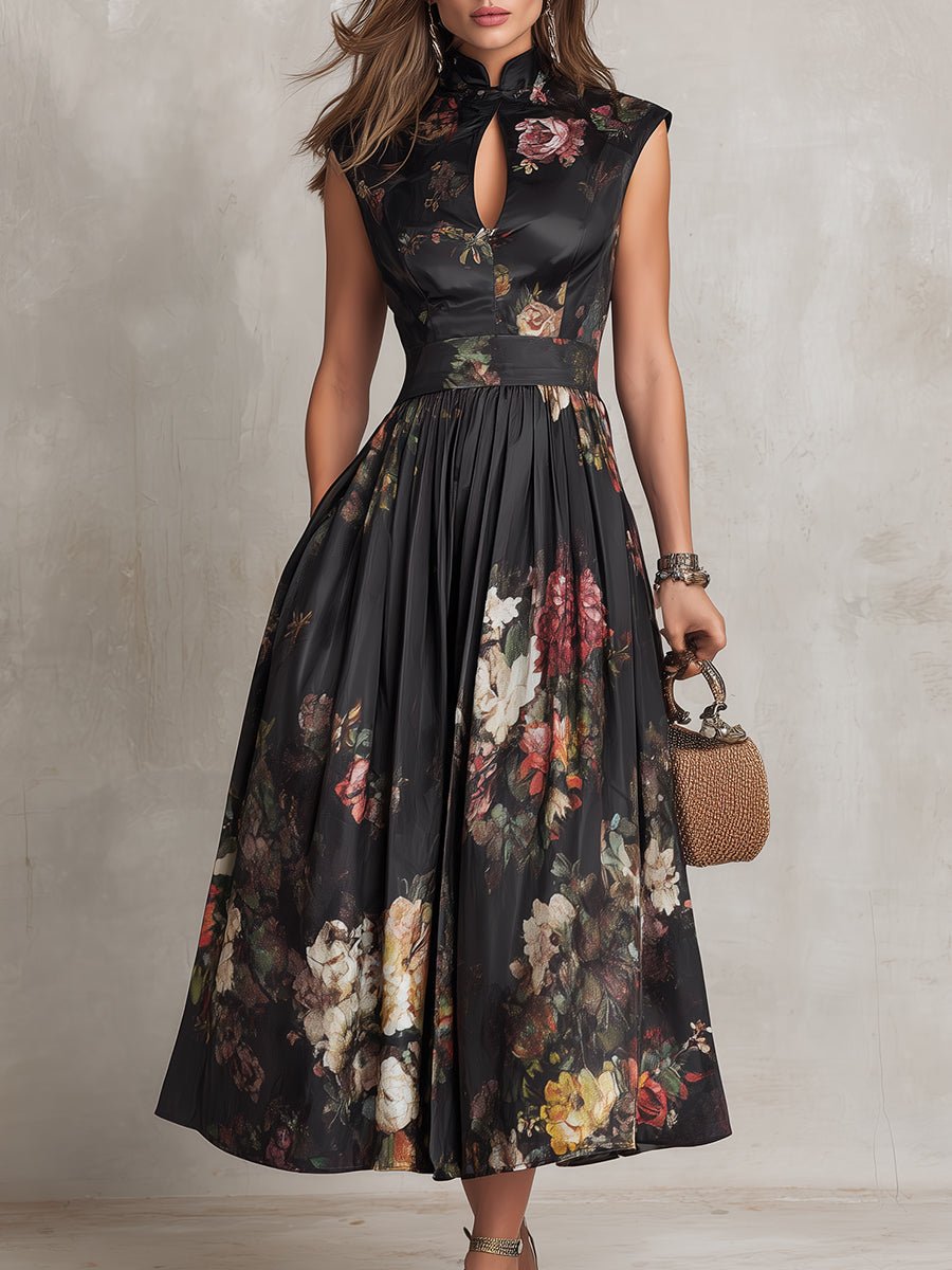 Elegant Floral Midi Dress for Women with High Neck Sleeveless Pleated Formal Style