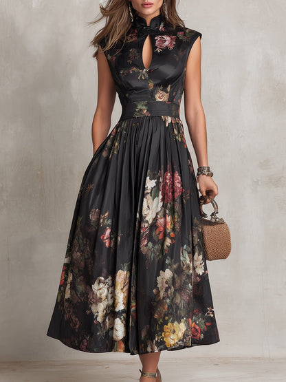 Elegant Floral Midi Dress for Women with High Neck Sleeveless Pleated Formal Style