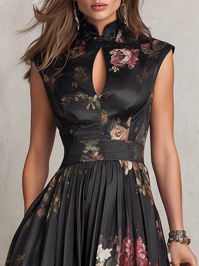 Elegant Floral Midi Dress for Women with High Neck Sleeveless Pleated Formal Style